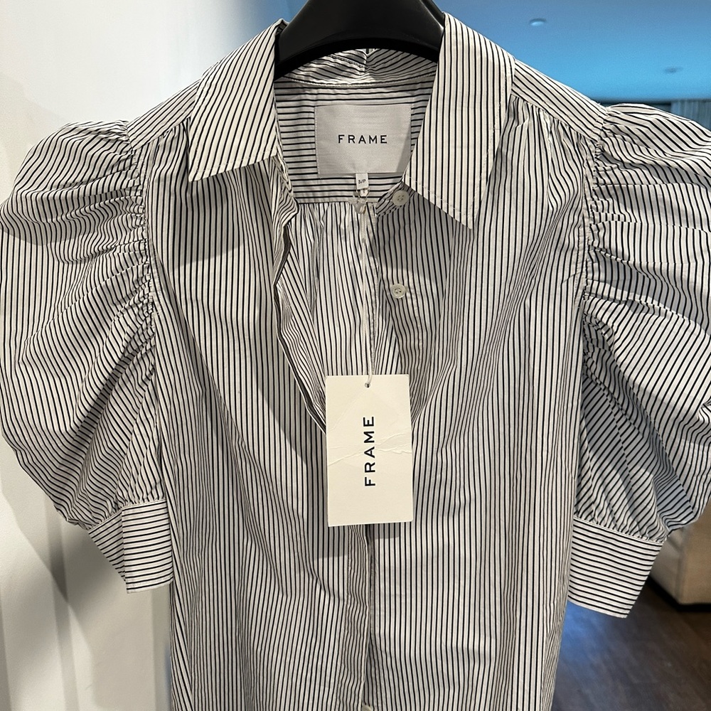 FRAME Cotton Stripe Puffer Sleeve Blouse